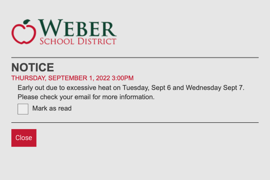 Screenshot of a website notice that says there will be early out due to excessive heat for Weber School District.