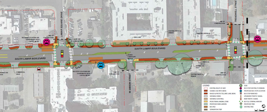 A draft plan from the city of Austin shows plans for South Lamar Boulevard. A new raised and protected bike path — among the most expensive the city constructs — is planned for one side of the street. A new shared-use path is planned for the other sie.