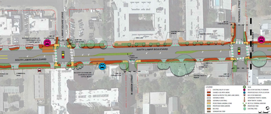  A draft plan from the city of Austin shows plans for South Lamar Boulevard. A new raised and protected bike path — among the most expensive the city constructs — is planned for one side of the street. A new shared-use path is planned for the other sie. 