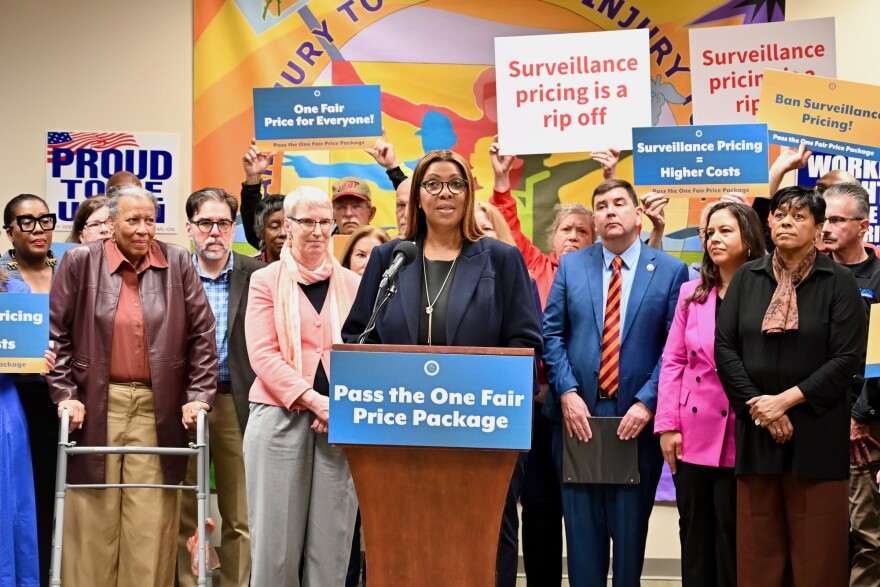New York Attorney General Letitia James speaks at a news conference in Syracuse about surveillance pricing.