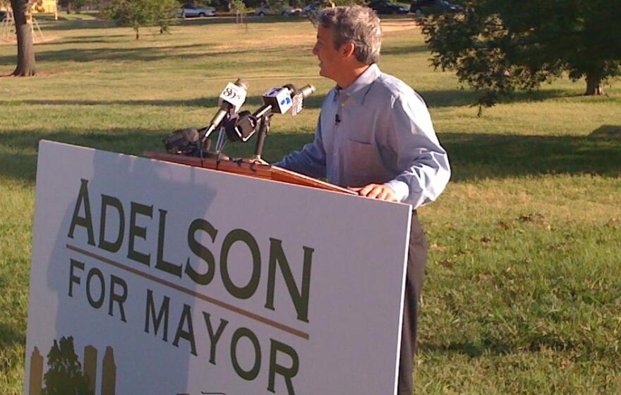 State Senator Tom Adelson announces his plan to run for Mayor of Tulsa in a news conference in Tulsa's Braden Park