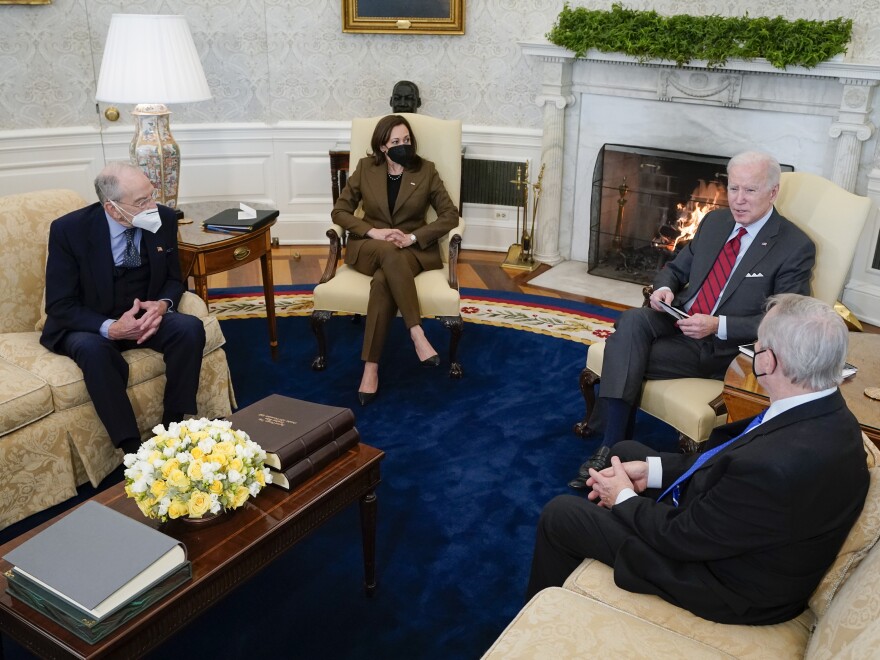 President Biden and Vice President Harris met with Sen. Dick Durbin, right, chairman of the Senate Judiciary Committee, and Sen. Chuck Grassley, left, the ranking Republican, on Tuesday.