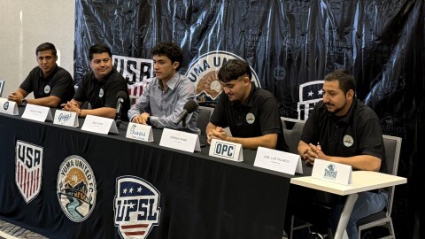 Yuma United FC club president Blas Gasca, center, speaks to reporters alongside the team's coaching staff at a press conference in Yuma on Friday, May 1, 2026.