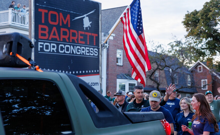 U.S. Rep. Tom Barrett, R-Charlotte, walks in the Michigan State University Homecoming Parade in East Lansing, Mich., on Oct. 9, 2026.