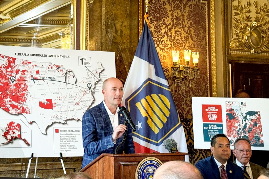 Utah Gov. Spencer Cox speaks in the Gold Room at the Utah State Capitol in Salt Lake City, Aug. 20, 2024. State leaders wanted the Supreme Court to take up their bid to control more than 18.5 million acres of Bureau of Land Management land, which covers about 34% of Utah.