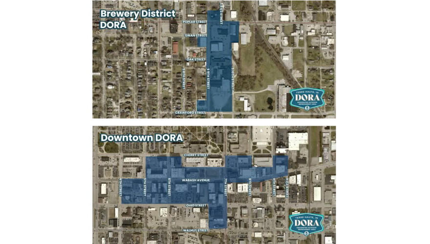 Two maps show the Brewing and Downtown DORA districts.