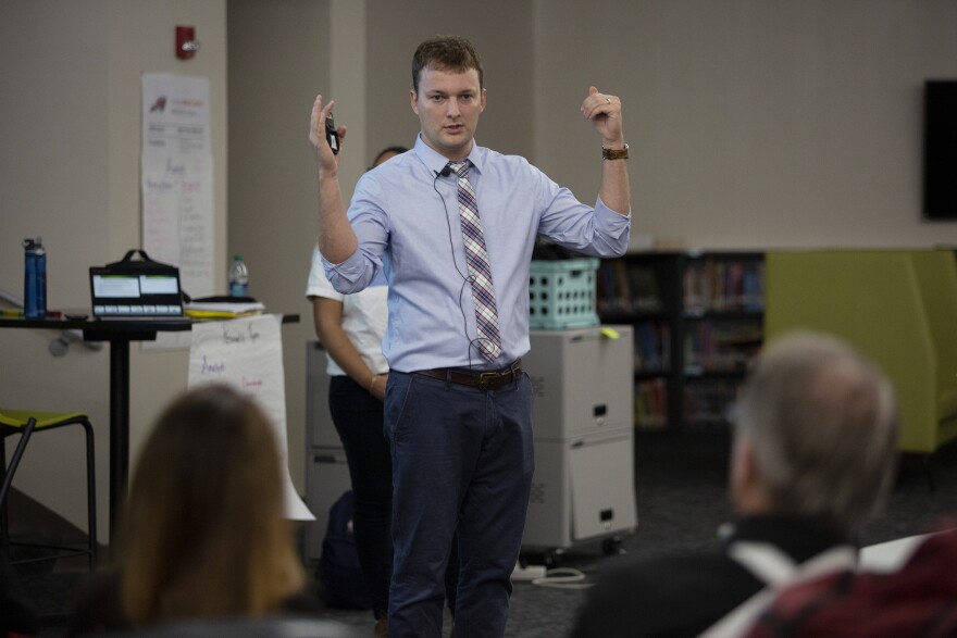 Nate von der Embse, assistant professor of the School of Psychology at the University of South Florida trains Bayonet Point Middle School teachers and administrators on mental health "first aid" and risk assessment.