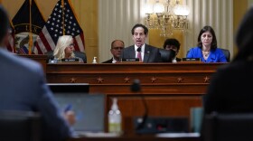Rep. Jamie Raskin, D-Md., center, flanked by Vice Chair Liz Cheney, R-Wyo., left, and Rep. Elaine Luria, D-Va., speaks as the House committee investigating the Jan. 6 attack on the U.S. Capitol pushes ahead with contempt charges against former Trump advisers Peter Navarro and Dan Scavino in response to their refusal to comply with subpoenas, at the Capitol in Washington, Monday, March 28, 2022. Navarro, President Donald Trump's trade adviser, and Scavino, a White House communications aide under Trump, have been uncooperative in the congressional probe into the deadly 2021 insurrection. (AP Photo/J. Scott Applewhite)