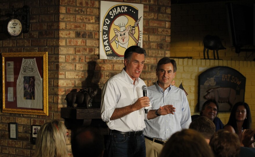 Republican presidential candidate Mitt Romney stumped for U.S. Senate hopeful Richard Mourdock (right) in August at Stepto's BBQ Shack in Evansville, Ind.