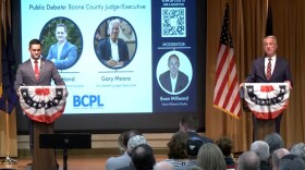 Boone County Commissioner Chet Hand (left) and current Judge/Executive Gary Moore (right) debate at the Boone County Public Library April 7, 2026.