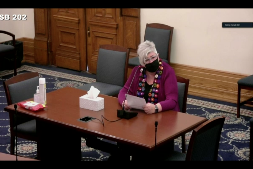 Bringhurst, Indiana, resident Vickie Ayres advocates for the Essential Family Caregiver Program in a Senate committee.