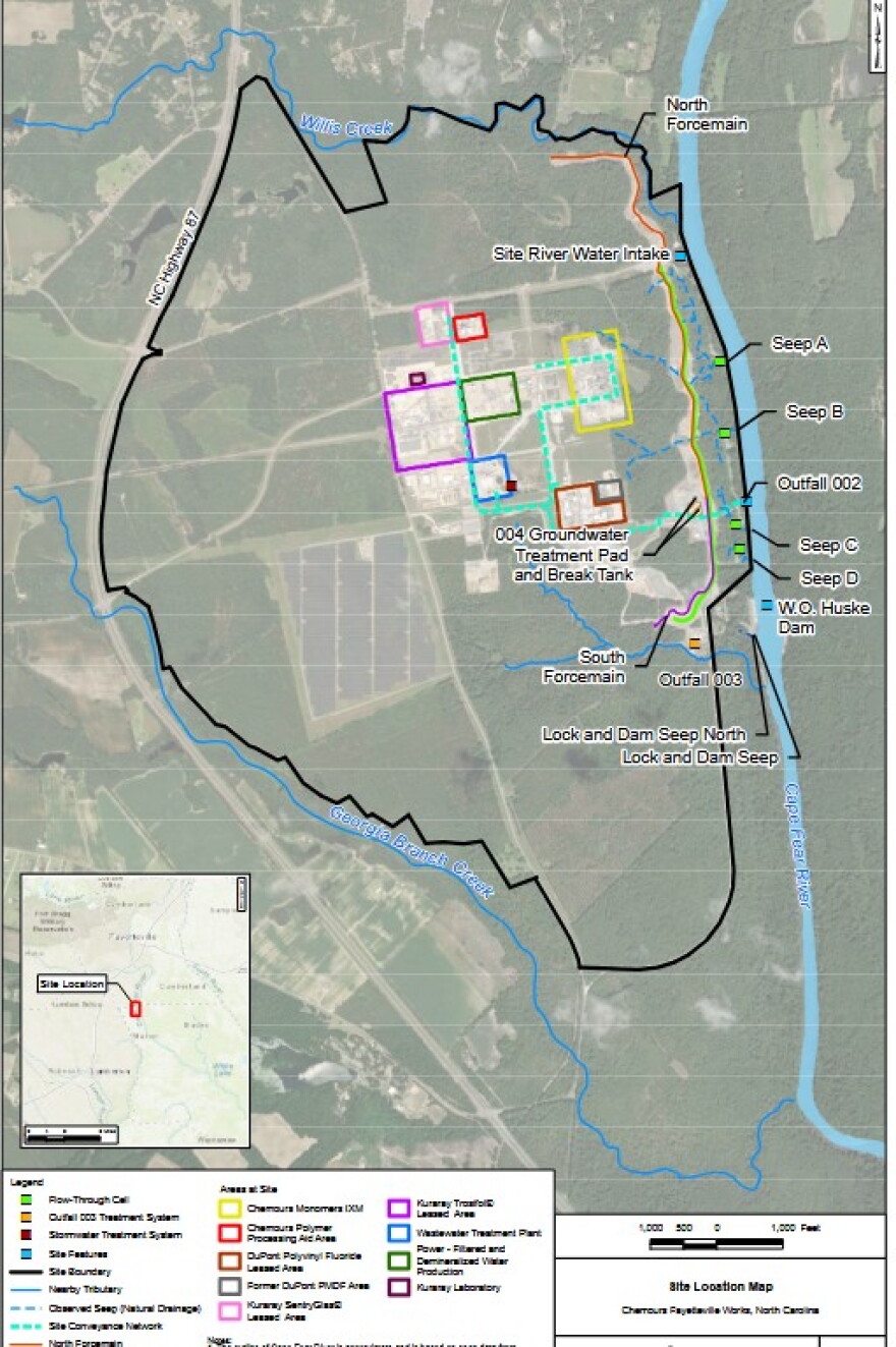 This map shows the layout of Chemours' Fayetteville Works plant and surrounding surface water. Notably, Outfall 003 is also referred to as