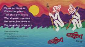 This is a page from Sealaska Heritage Institute's trilingual book of lullabies called "Cradle Songs of Southeast Alaska." This lullaby is attributed to Ḵaal.átk’ Charlie Joseph and adapted by Ed Littlefield, and the illustration is by Crystal Worl. (Courtesy of Sealaska Heritage Institute)