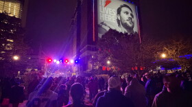 Buffalo Bills light show at the rally in Niagara Square on Thursday evening
