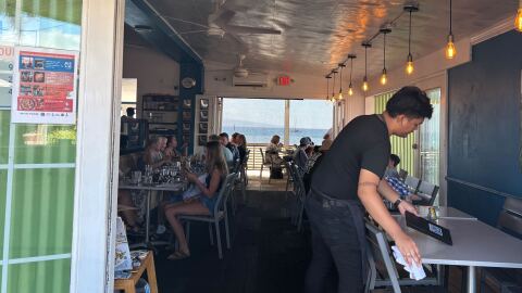 Māla Ocean Tavern is open for business in Lahaina, Maui. The restaurant was the first business on Lahaina’s Front Street to reopen after the fire. (Aug. 4, 2025)