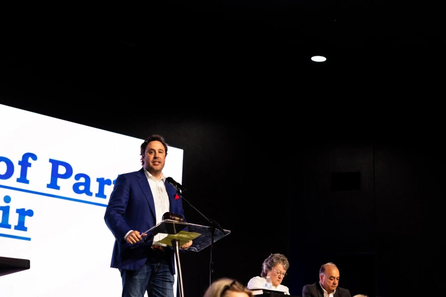 Tim Davis speaks as a candidate for chair at Tarrant County GOP executive committee meeting at Mercy Culture Church in Fort Worth on Nov. 22, 2025.