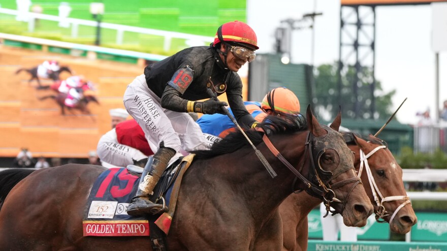 Golden Tempo (19) ridden by Jose L. Ortiz wins the 152nd running of the Kentucky Derby horse race at Churchill Downs, Saturday, May 2, 2026, in Louisville, Ky. (AP Photo/Jeff Roberson)