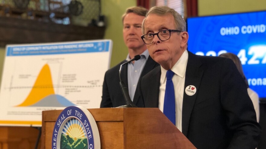 Gov. Mike DeWine at a Friday news briefing. [Andy Chow / Statehouse News Bureau]