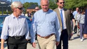 Energy Secretary Jennifer Granholm and U.S. Senator Tim Kaine visit a solar array at Washington & Lee University.