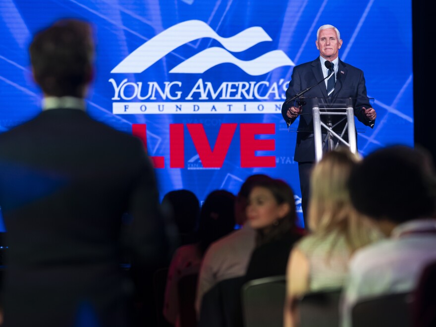 Former Vice President Mike Pence answers questions from the crowd during the Young Americas Foundation Student Conference on Tuesday in Washington, D.C.