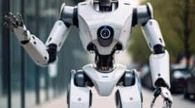 image of a robot standing up waving 