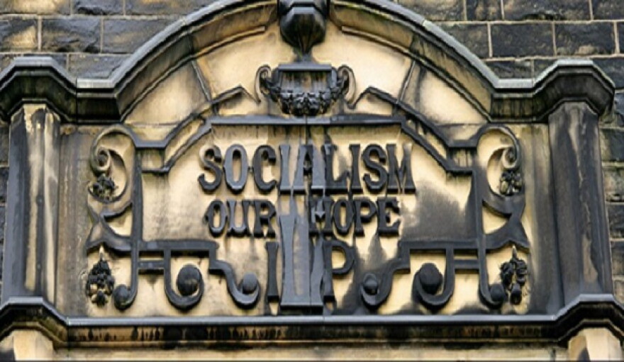 Stonework on the wall of the former ILP meeting rooms in Vernon Street, Nelson. Lancashire. England.
