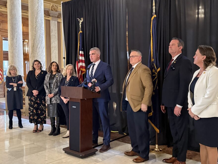 Rep. Bob Morris, R-Fort Wayne, and eight other lawmakers attend a rally on Monday, Feb. 3, 2025, at the Indiana Statehouse in support of Morris’ proposal to alter or abolish the death penalty in Indiana.