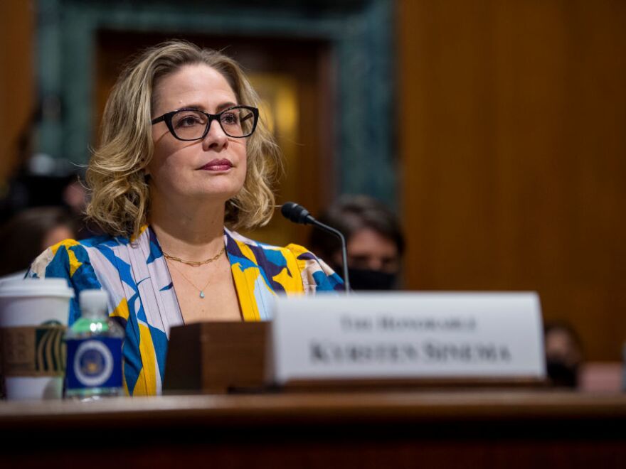 Sen. Kyrsten Sinema, D-Ariz., has expressed opposition to increases in corporate tax rates, one of the key ways Democrats want to pay for their domestic policy bill. Democrats are looking at alternatives.