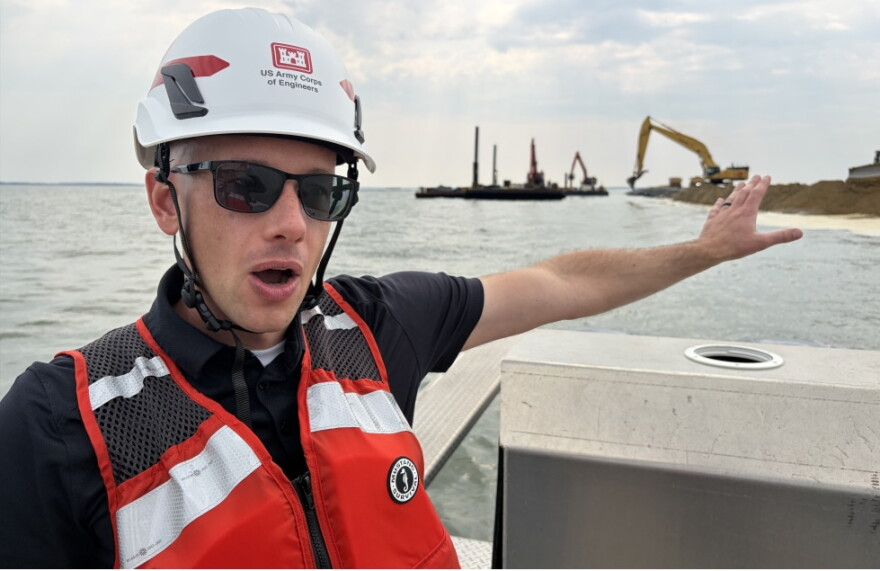 Joe Bieberich of the U.S. Army Corps of Engineers Monitors the Construction of James Island in August 2026 as Sand is Dredged from the Nearby Bottom