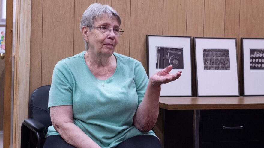 Marion Council member Ruth Herbel waits Aug. 11, 2023, in the Marion County Record office following the raid on the newsroom and her home. Herbel was the only city council member who opposed Kari Newell’s request for a liquor license.