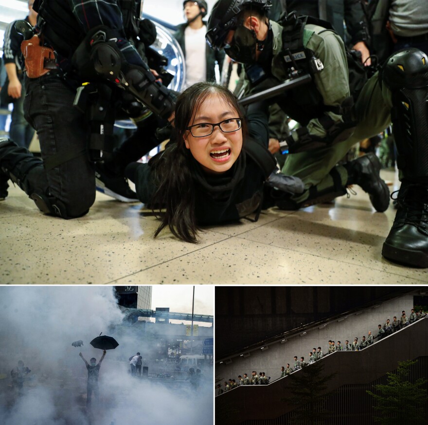 Top: Police officers detain an anti-government protester in Hong Kong in December 2019. Left: Police fire tear gas toward protesters, who are using umbrellas for protection near Hong Kong government headquarters in September 2014. Right: Hong Kong police descend a stairwell as pro-democracy demonstrators gather for a rally in September 2014.