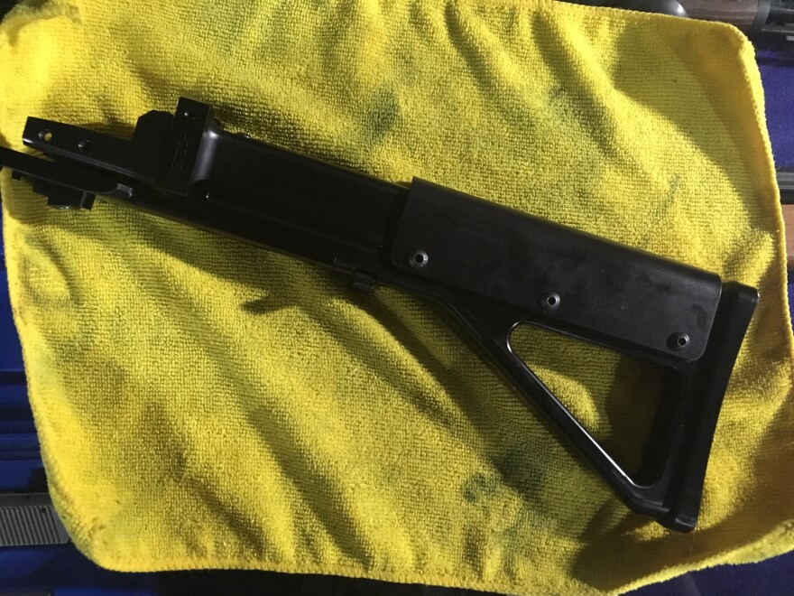 A steel bump stock owned by a gun dealer at a show in St. Charles. Oct. 7, 2017