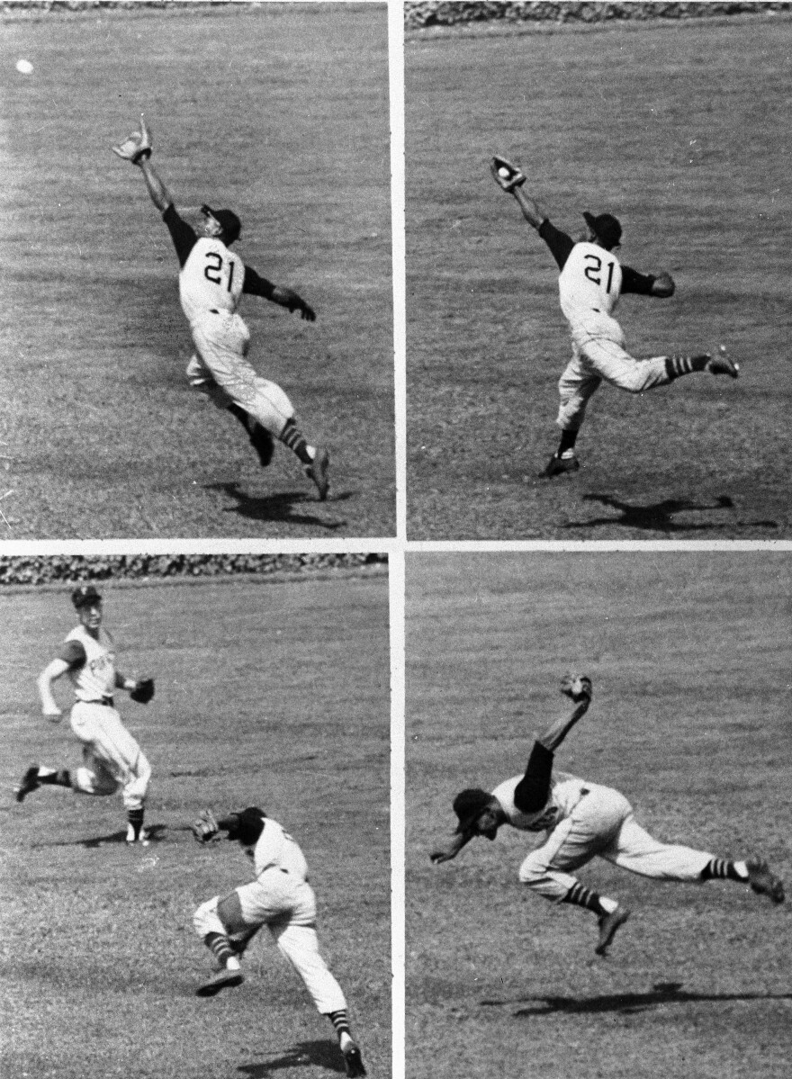 This series shows Pittsburgh Pirates' right fielder Roberto Clemente making a sensational backhanded catch of a long drive by Bobby Thomson of the Cubs in 1958. The Puerto Rico series was intended to honor Clemente, a Hall of Fame player who died in 1972 while trying to deliver aid to earthquake victims in Nicaragua.