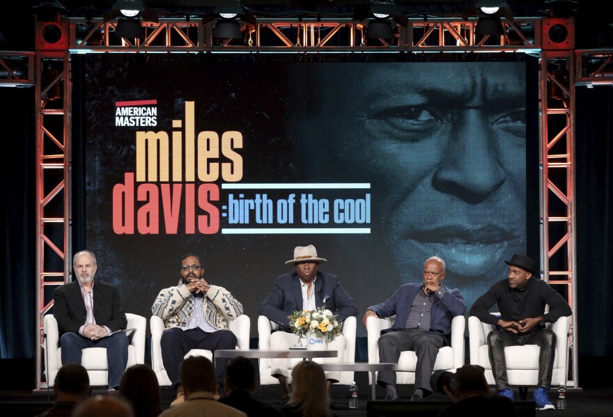Michael Kantor, from left, Erin Davis, Vince Wilburn, Stanley Nelson and Marcus Miller participate in the American Masters "Miles Davis: Birth of the Cool" panel during the PBS Winter 2020 TCA Press Tour at The Langham Huntington, Pasadena on Friday, Jan. 10, 2020.