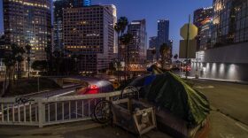 A homeless tent is seen at dusk next to the 110 Freeway, during the novel Coronavirus, COVID-19, pandemic in Los Angeles California.