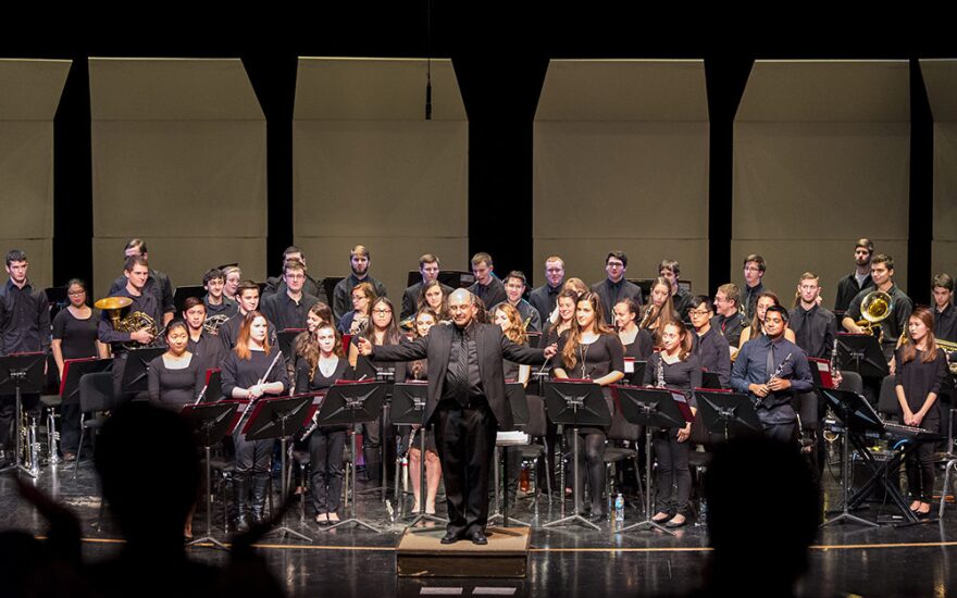 Conductor Daniel Fabricius performs with the University Wind Symphony Orchestra in the Anderson Center's Chamber Hall.