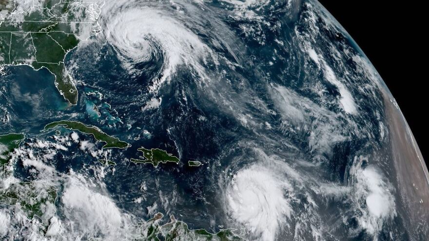 Satellite imagery from NOAA shows Hurricane Jose, along the U.S. East Coast, and Hurricane Maria, in the Atlantic Ocean near the Leeward Islands. Trailing Maria is Tropical Depression Lee.
