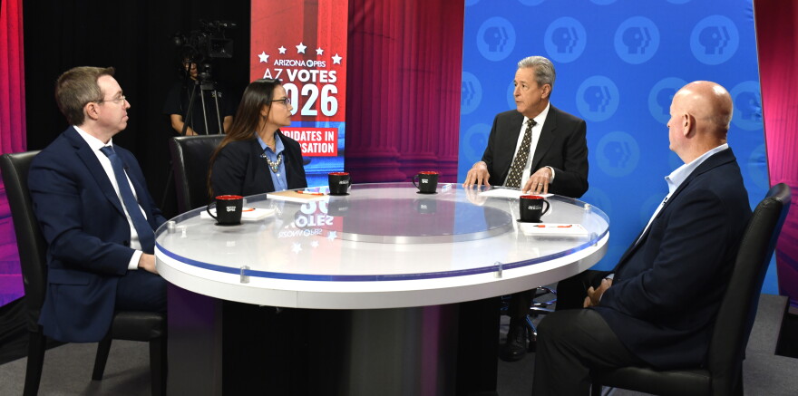 Ted Simons, second from right, hosting a debate in Phoenix, questions Arizona Corporation Commission candidates on Tuesday, Sept. 8, 2026 from left, Jonathon Hill, Clara Pratte and Kevin Thompson