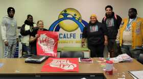 Members at Metcalfe Park Community Bridges pose in front of the newsletters they hand out to local residents. From left: James Taylor Cain, Tayla Hicks, Patrice Gransberry, Melody McCurtis, Jarrod Logan, Devell Taylor.