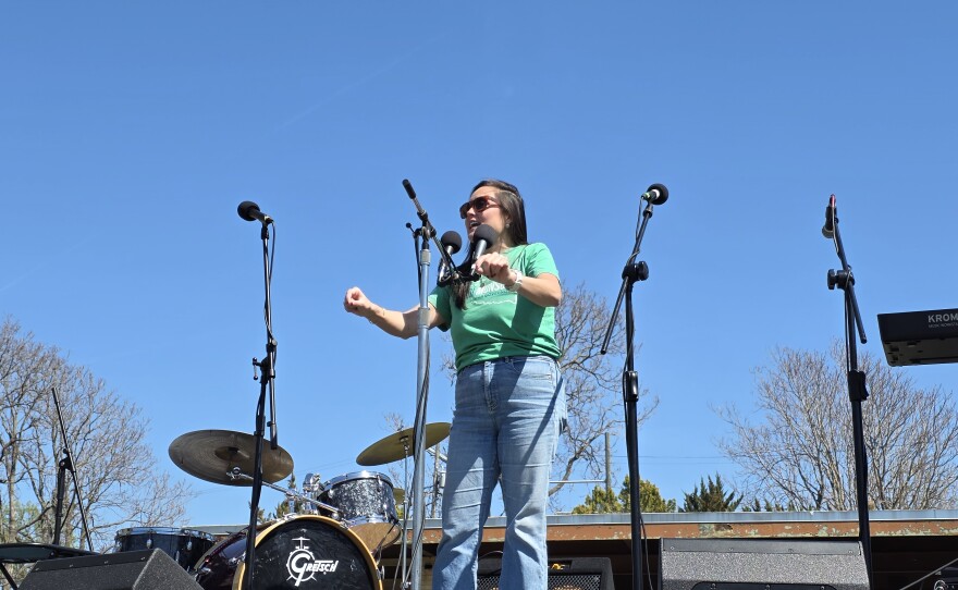 Oklahoma House Minority Leader Cyndi Munson (D-Oklahoma City) addresses a crowd at Tulsa's third "No Kings" rally on March 28, 2026.