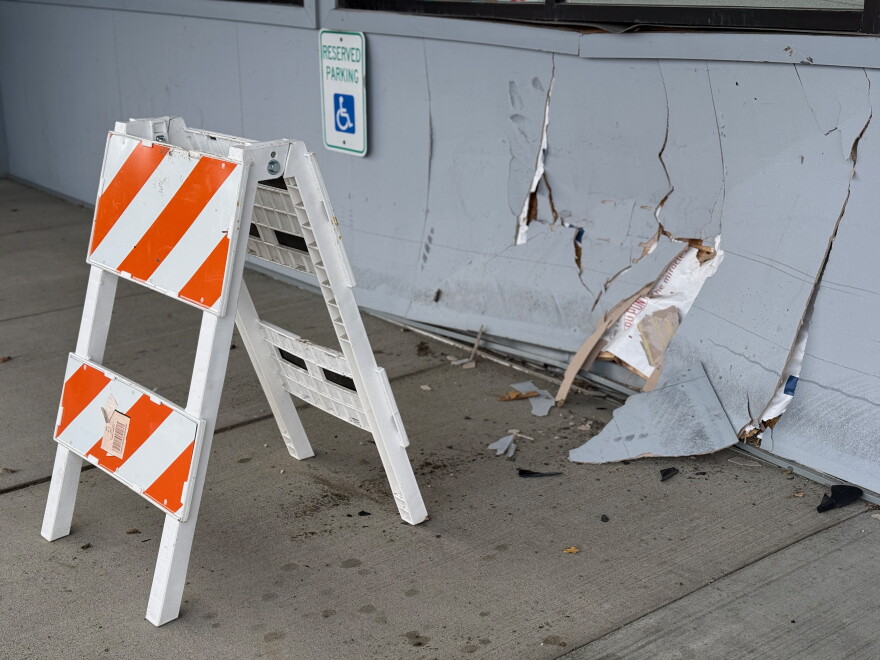 Part of the Kenai Post Office is damaged after a vehicle collision on Tuesday, Oct. 13, 2026 in Kenai, Alaska.