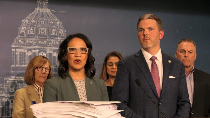 House Minority Leader Lisa Demuth and Senate Minority Leader Mark Johnson spoke at a press conference shortly after the legislative session ended on May 20, 2024. The GOP leaders denounced the 1,400 page omnibus bill, which they displayed on the podium and was passed by the Democratic majority in the closing moments of the 2024 legislative session.