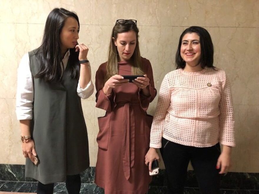 Assemblywoman Yuh-Line Niou, Sen. Alessandra Biaggi and Sen. Jessica Ramos get ready for a press conference Wednesday, March 27.