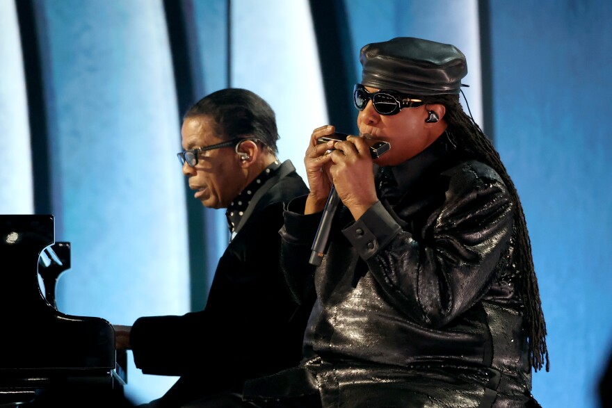 Herbie Hancock and Stevie Wonder perform on a tribute to Quincy Jones at the 67th Annual GRAMMY Awards, Crypto.com Arena, Feb. 2, 2025.