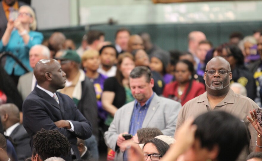 Crowd waits to hear President Obama speak in Flint, Michigan.