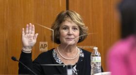 FILE- Colleton County Clerk of Court Rebecca Hill is sworn in before taking the stand to testify during the Alex Murdaugh jury-tampering hearing at the Richland County Judicial Center, Monday, Jan. 29, 2024, in Columbia, S.C. (Andrew J. Whitaker/The Post And Courier via AP, Pool, File)