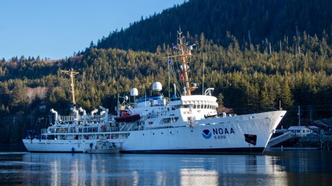 The agency performs an annual trawl survey to assess marine health. Research vessels, like the NOAA Ship Fairweather, seen here in Ketchikan on Thursday, conduct a variety of oceanographic research, including fisheries surveys.