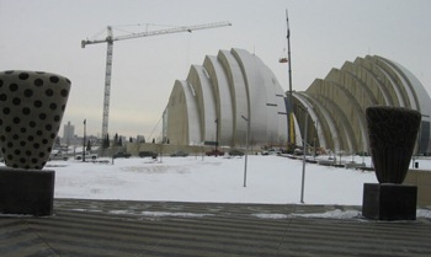 A view of the Kauffman Center for the Performing Arts from the South Lobby Atrium of the Bartle Hall Grand Ballroom.