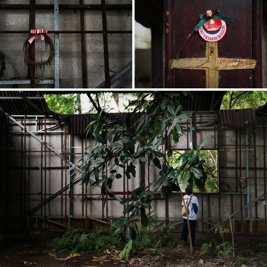 (Top left) A wreath still hangs on the wall from 2010 when the congregation tried to celebrate Christmas and was forced out of the church. (Top right) A gold cross is painted on the altar. (Bottom) Yudyharijono, 69, looks out the window of the overgrown Yasmin church.