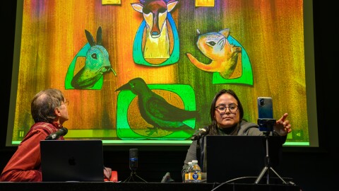 (L-R) John Bell, director of the Ballard Institute and Museum of Puppetry, watches a video of a puppet show produced by Ailin Ruiz, co-founder of Lormiga Títeres in Sonora, Mexico, during a forum on Mexican puppetry at UConn’s Ballard Institute and Museum of Puppetry.